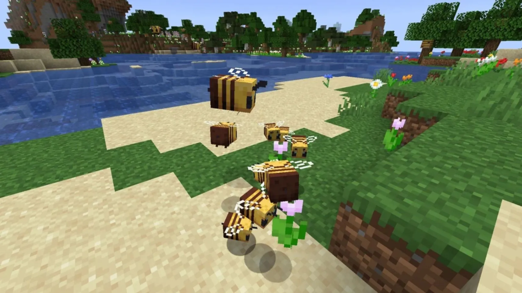 A group of Minecraft bees pollinating flowers near a lake in a sunny meadow biome