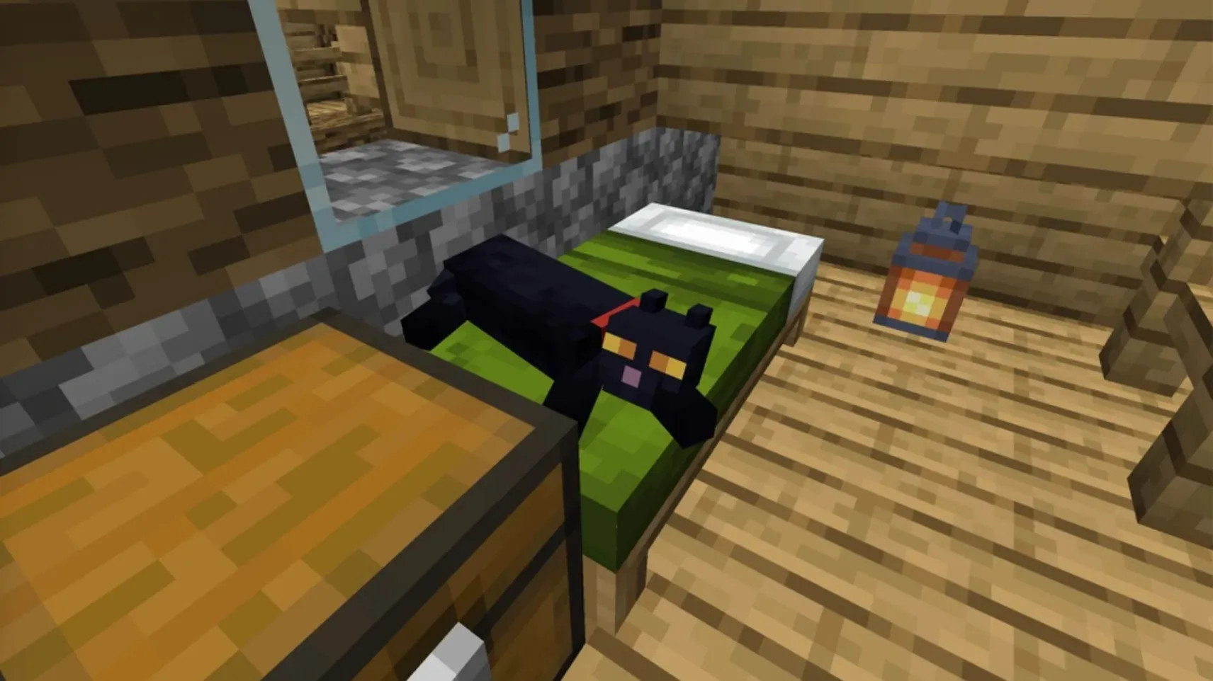 A tamed black cat with red collar sleeping on a green bed in a Minecraft wooden bedroom interior