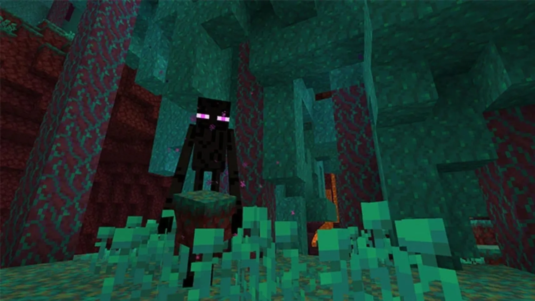 A tall Minecraft Enderman with glowing purple eyes standing in the Warped Forest biome of the Nether — Endermen are central to reaching the End where the Ender Dragon lives