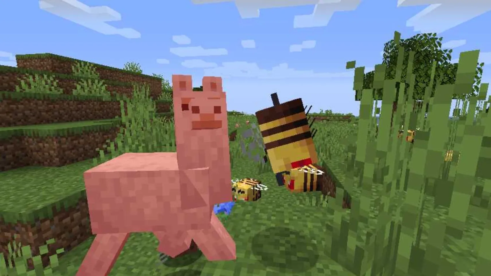 An Iron Golem holding a red poppy with several Minecraft villagers gathered in front of a wooden village house