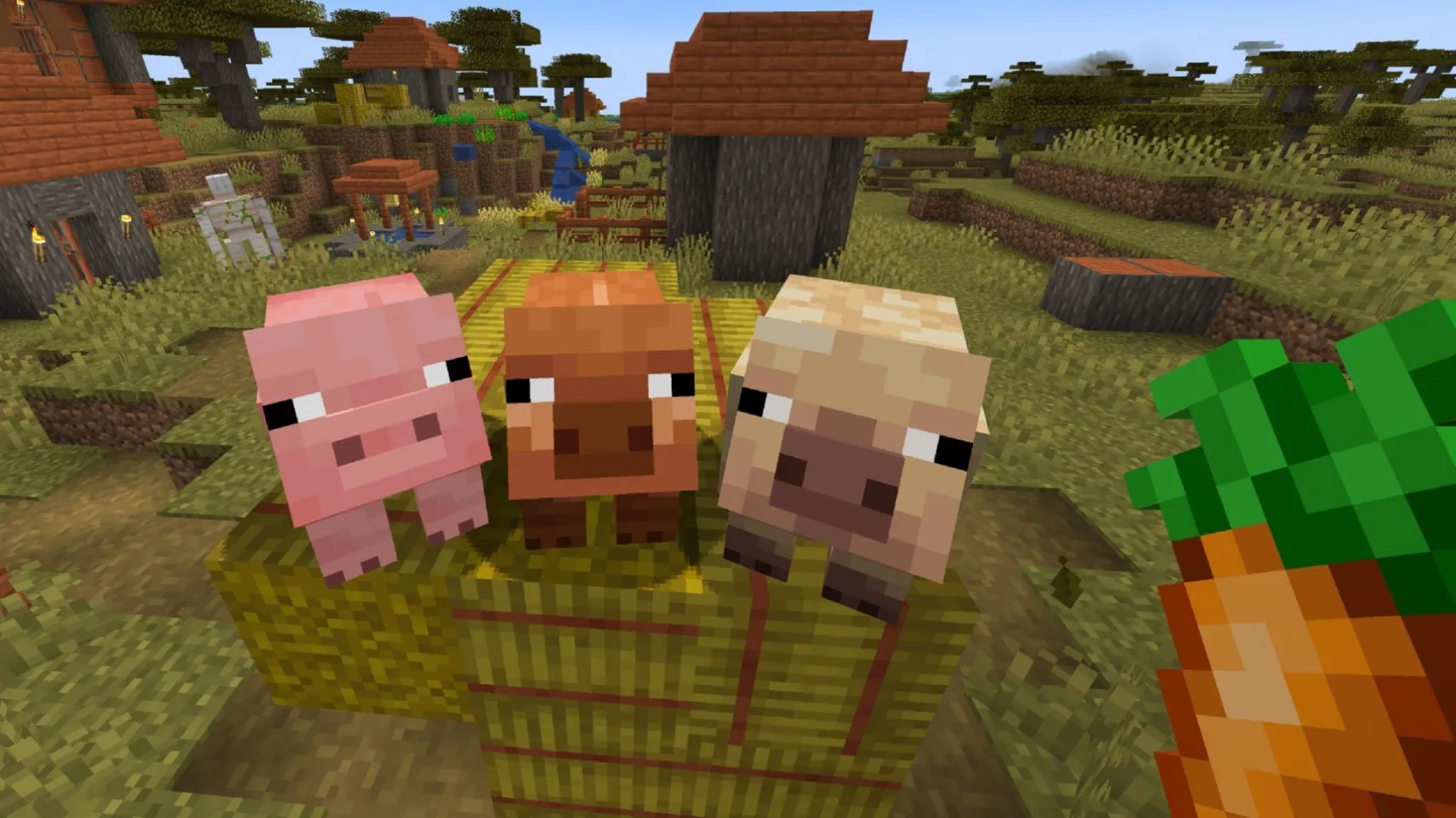 Multiple colored Minecraft parrots — blue, red, and yellow — perching and flying in a jungle biome