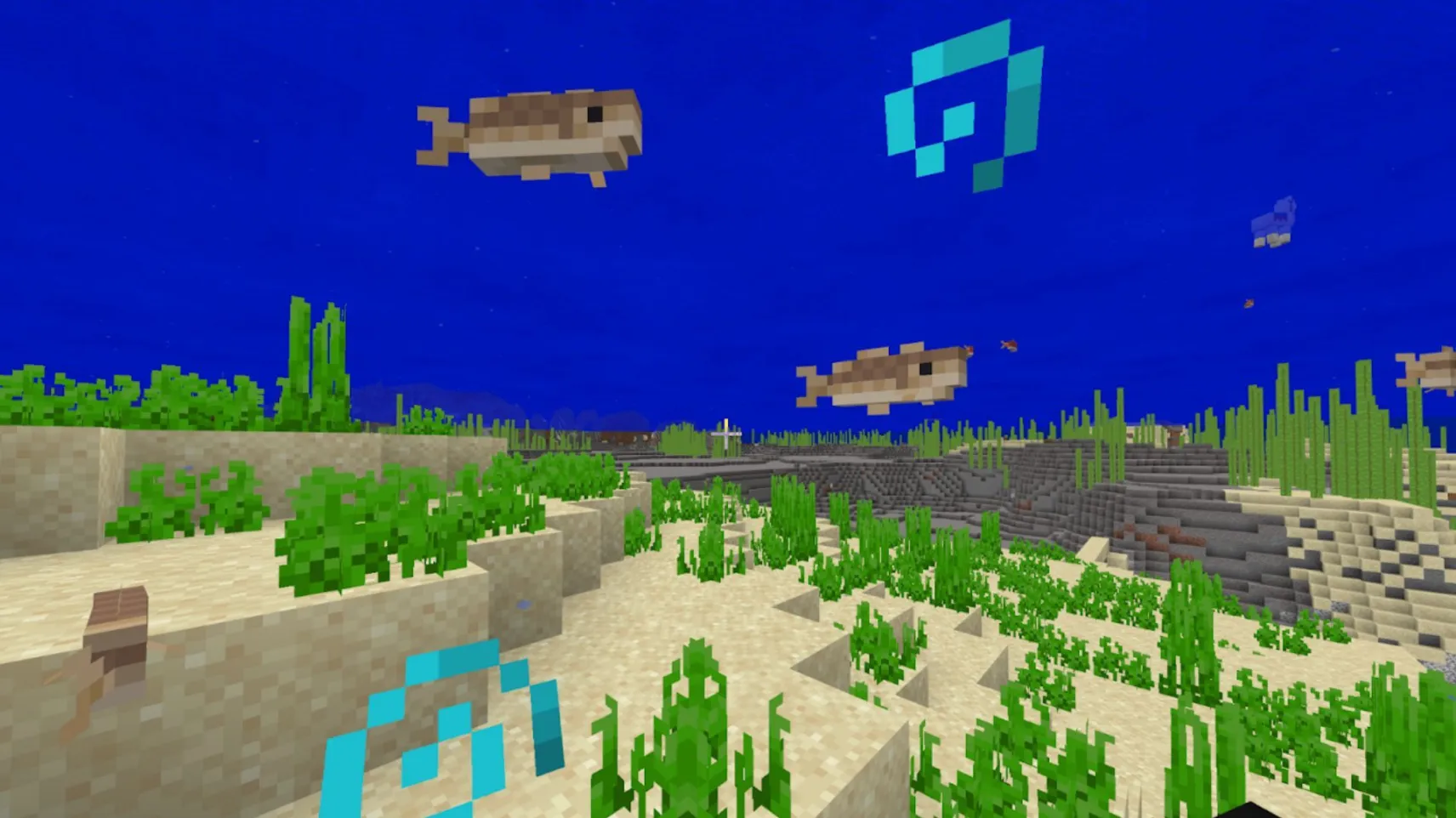 Two Minecraft pufferfish swimming above a sandy seafloor with seagrass, with a glowing Heart of the Sea emblem in the background