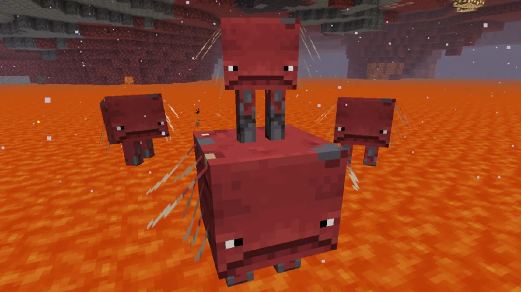 Three pink Striders walking on a Nether lava lake with crimson forest in the background