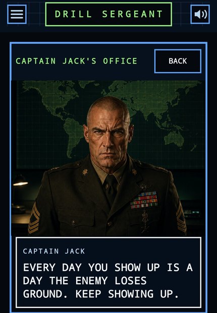 Drill Sergeant app: Captain Jack's office, where the AI sergeant briefs you
