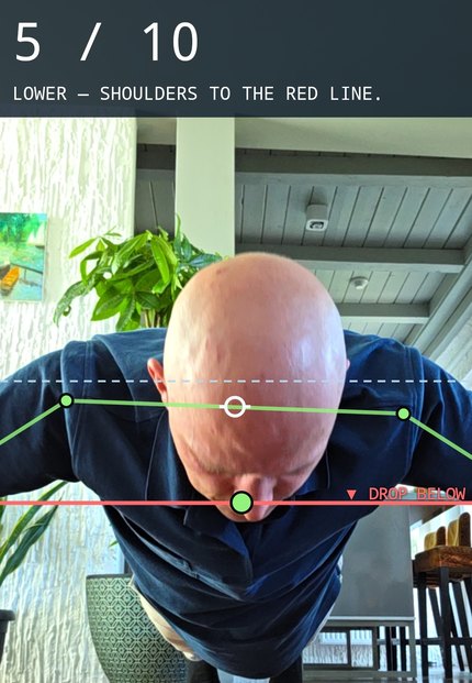 Drill Sergeant app: the camera counting push-up reps with live pose tracking